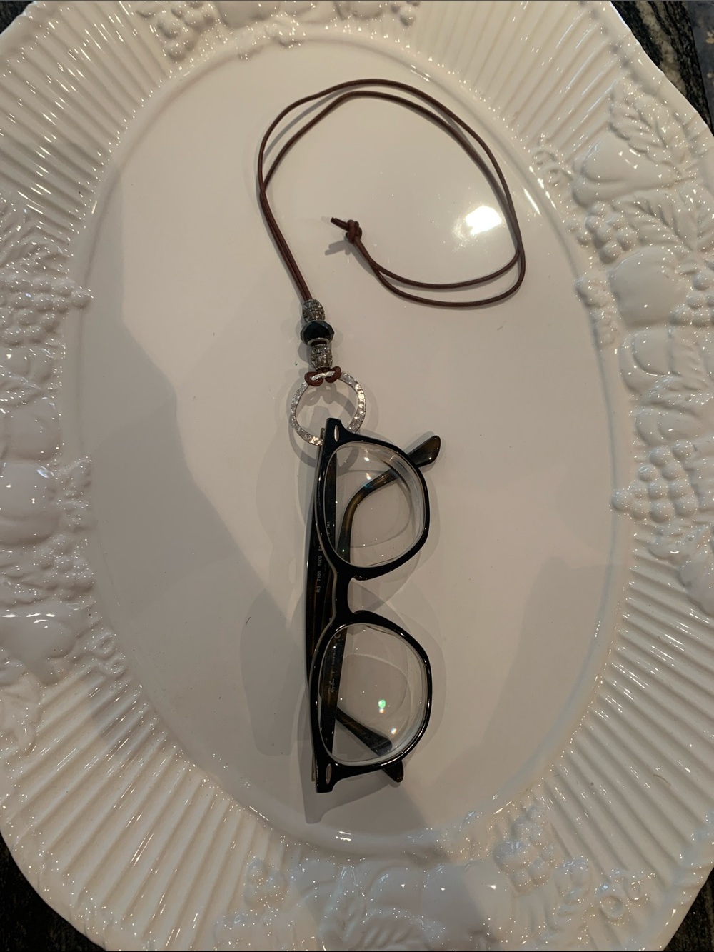 Leather Cord Eyeglass Necklace with Black Frames